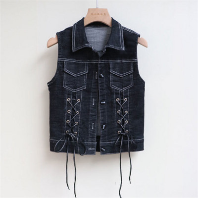 2022 Nová dámska džínsová vesta, jarná jeseň, šnurovacie motýliky, bez rukávov, voľná krátka džínsová vesta, kabát