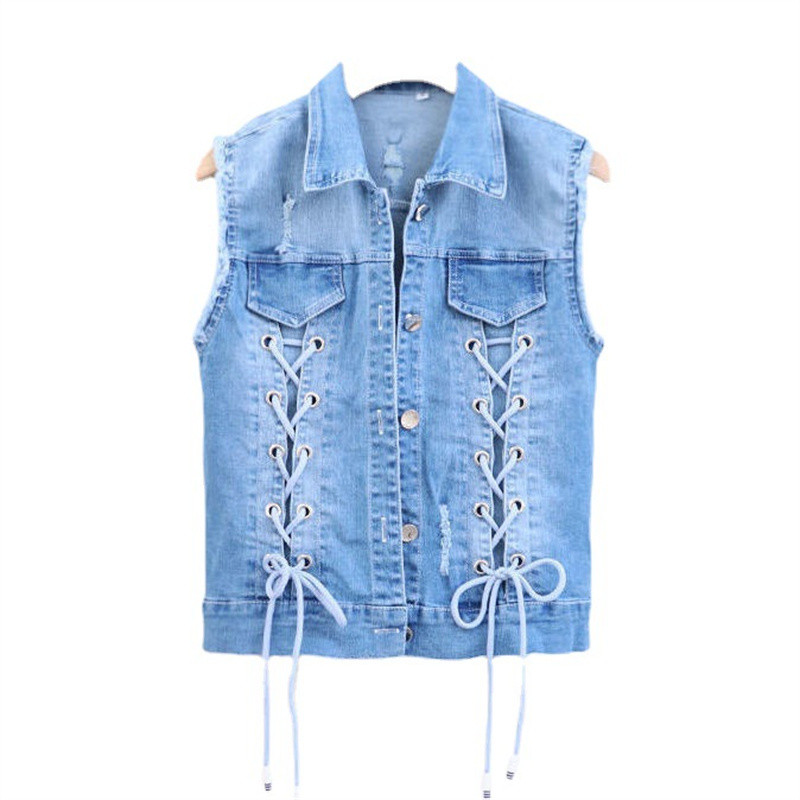 2022 Nová dámska džínsová vesta, jarná jeseň, šnurovacie motýliky, bez rukávov, voľná krátka džínsová vesta, kabát