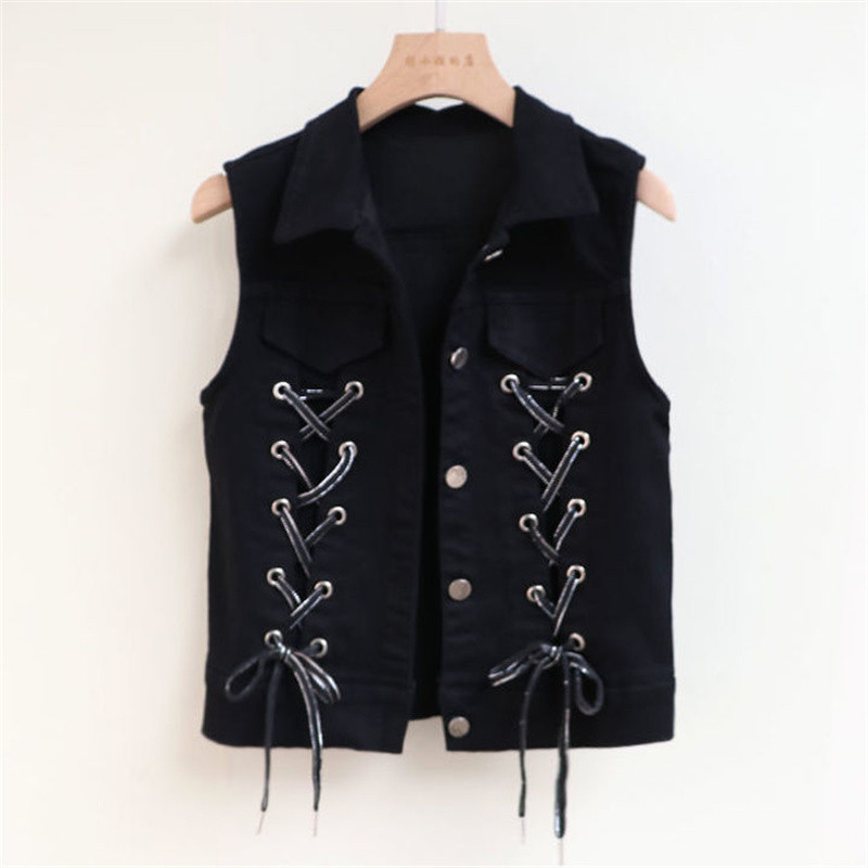 2022 Nová dámska džínsová vesta, jarná jeseň, šnurovacie motýliky, bez rukávov, voľná krátka džínsová vesta, kabát