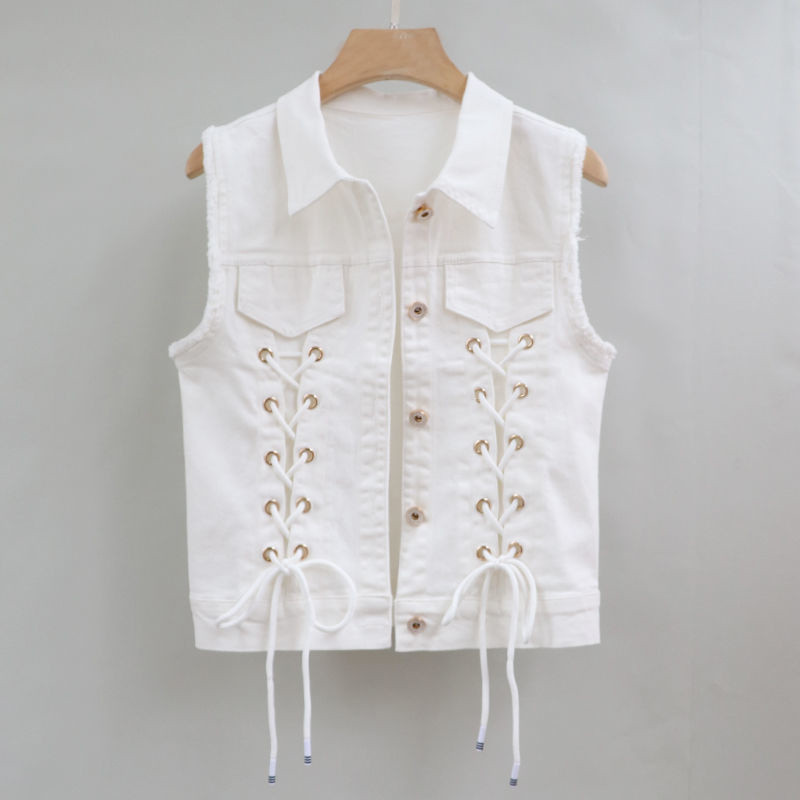 2022 Nová dámska džínsová vesta, jarná jeseň, šnurovacie motýliky, bez rukávov, voľná krátka džínsová vesta, kabát