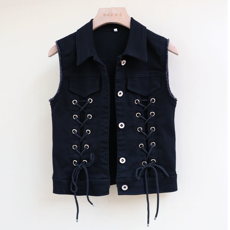 2022 Nová dámska džínsová vesta, jarná jeseň, šnurovacie motýliky, bez rukávov, voľná krátka džínsová vesta, kabát