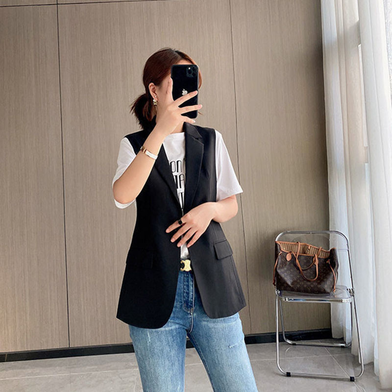 Módne jarné jesenné kancelárske sako vesta ženy nové turn-down golier jeden gombík tenký wasitcoat žena bez rukávov bunda žena