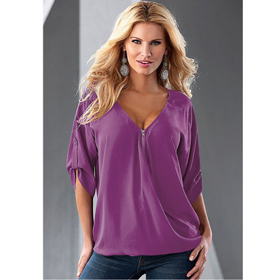 Proljeće i ljeto Ženska bluza od šifona Ženska široka majica s V-izrezom i patentnim zatvaračem do pola rukava, velika velika veličina S-5XL