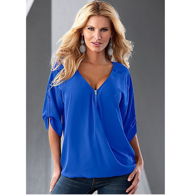 Proljeće i ljeto Ženska bluza od šifona Ženska široka majica s V-izrezom i patentnim zatvaračem do pola rukava, velika velika veličina S-5XL