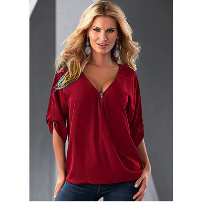 Proljeće i ljeto Ženska bluza od šifona Ženska široka majica s V-izrezom i patentnim zatvaračem do pola rukava, velika velika veličina S-5XL