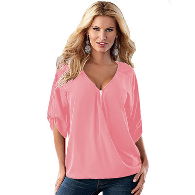 Proljeće i ljeto Ženska bluza od šifona Ženska široka majica s V-izrezom i patentnim zatvaračem do pola rukava, velika velika veličina S-5XL