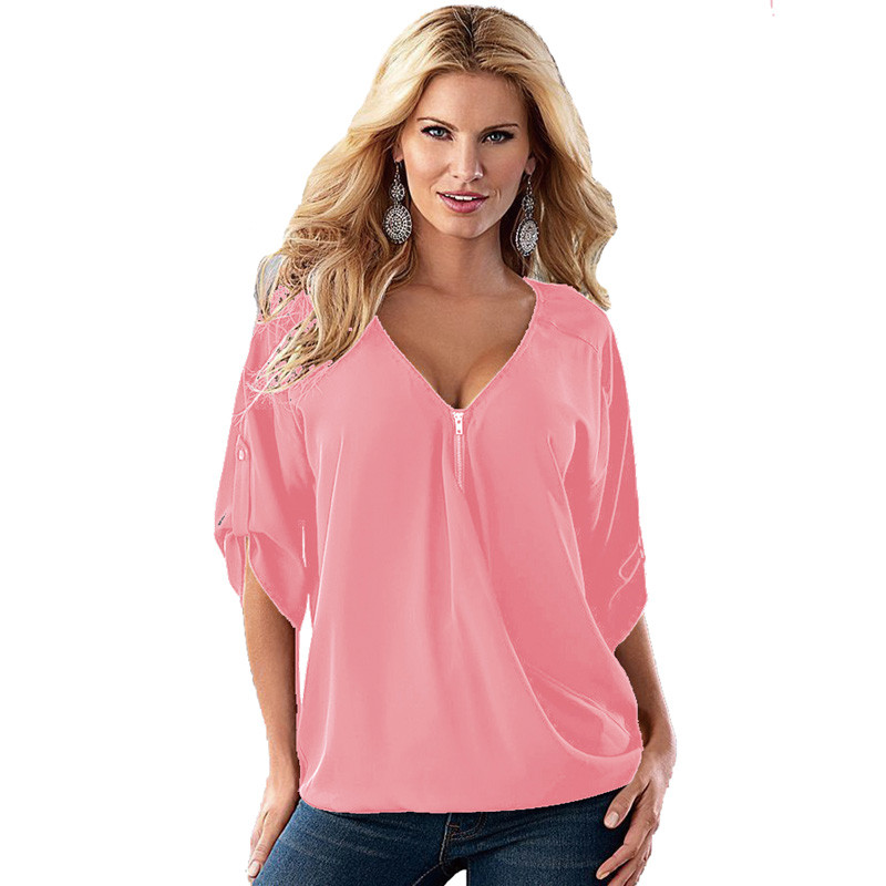 Proljeće i ljeto Ženska bluza od šifona Ženska široka majica s V-izrezom i patentnim zatvaračem do pola rukava, velika velika veličina S-5XL