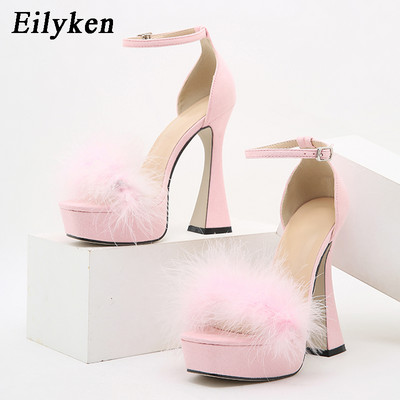 Dámske sandále Eilyken s hrubým podpätkom a umelou kožušinou, veľkosť 35-41, s otvorenou špičkou, platformou a prackou.