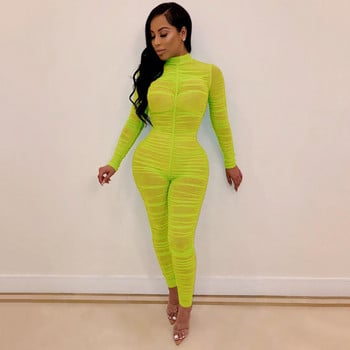 OMSJ Neon Green Color Playsuit Секси кльощав гащеризон с дълъг ръкав Дамски водолазка Mesh Sheer Bodycon Клубно облекло Едно парче