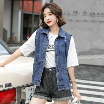 Γυναικείο τζιν γιλέκο Ανοιξιάτικο φθινόπωρο Κοντό Κορεάτικο με πλυμένη τρύπα αμάνικο μπουφάν Γυναικείο casual τζιν γιλέκο Γυναικείο τοπ