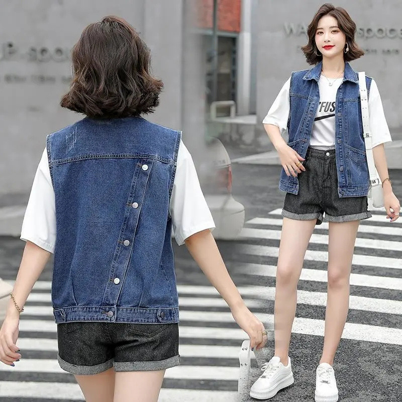 Vestă de blugi pentru femei, primăvară, toamnă, scurtă, coreeană, cu găuri spălate, jachetă fără mâneci, vestă casual pentru femei, vestă, bluză