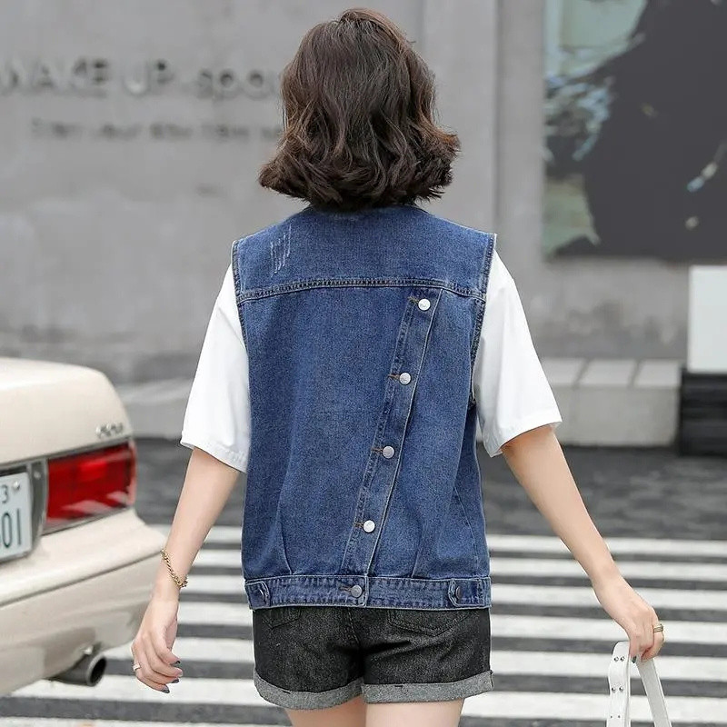 Vestă de blugi pentru femei, primăvară, toamnă, scurtă, coreeană, cu găuri spălate, jachetă fără mâneci, vestă casual pentru femei, vestă, bluză