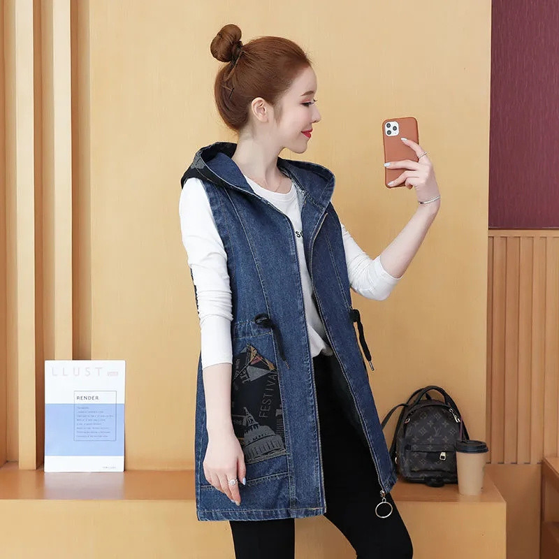 Vestă de blugi pentru femei, toamna 2023, noua haină coreeană lungă de blugi pentru femei, ocazională, fără mâneci, jachetă pentru femei, veste, topuri