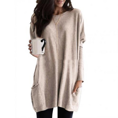 Pulover cu mânecă lungă și gât rotund pentru femei, 2020, de culoare solidă, cu buzunar, pentru primăvară și toamnă.