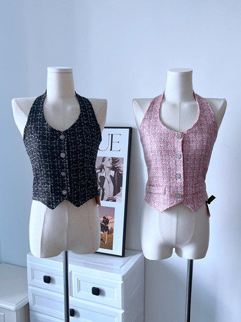 Γαλλικές πολυτελείς σχεδιαστές Γυναικείες Καλοκαιρινή κομψή λαιμόκοψη V αμάνικα Hotsweet Tweed Crop Top Κορεάτικη μόδα Streetwear καρό τουίντ γιλέκο