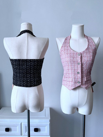 Γαλλικές πολυτελείς σχεδιαστές Γυναικείες Καλοκαιρινή κομψή λαιμόκοψη V αμάνικα Hotsweet Tweed Crop Top Κορεάτικη μόδα Streetwear καρό τουίντ γιλέκο