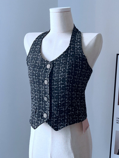 Prabangus prancūzų dizaineris, vasarinė elegantiška V formos iškirptė be rankovių „Hotsweet Tweed Crop“ Korėjietiškos mados gatvės aprangos languota „Tweed“ liemenė