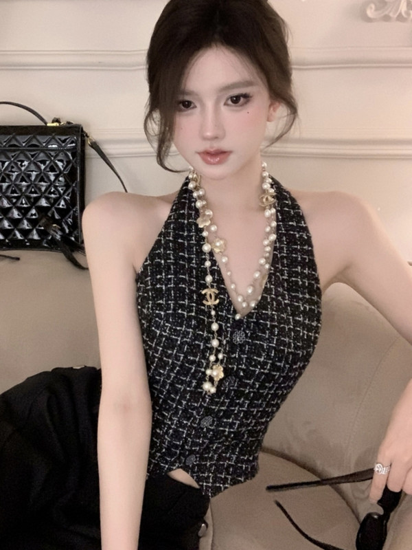 Prabangus prancūzų dizaineris, vasarinė elegantiška V formos iškirptė be rankovių „Hotsweet Tweed Crop“ Korėjietiškos mados gatvės aprangos languota „Tweed“ liemenė