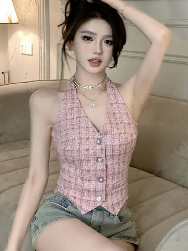 Prabangus prancūzų dizaineris, vasarinė elegantiška V formos iškirptė be rankovių „Hotsweet Tweed Crop“ Korėjietiškos mados gatvės aprangos languota „Tweed“ liemenė