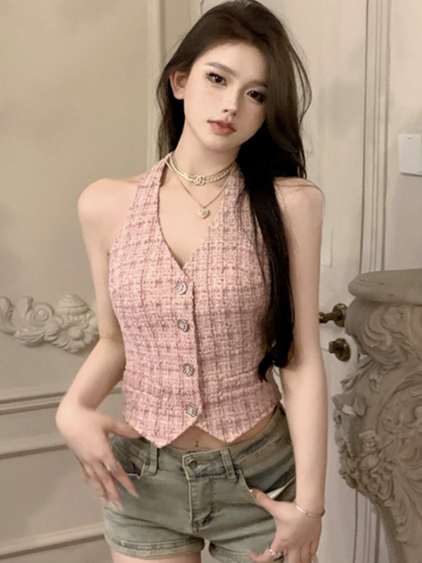 Prabangus prancūzų dizaineris, vasarinė elegantiška V formos iškirptė be rankovių „Hotsweet Tweed Crop“ Korėjietiškos mados gatvės aprangos languota „Tweed“ liemenė