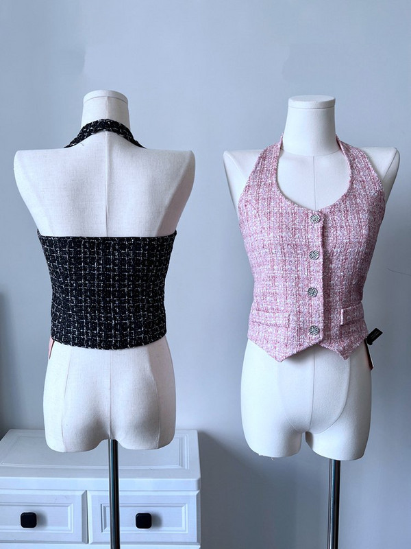 Prabangus prancūzų dizaineris, vasarinė elegantiška V formos iškirptė be rankovių „Hotsweet Tweed Crop“ Korėjietiškos mados gatvės aprangos languota „Tweed“ liemenė