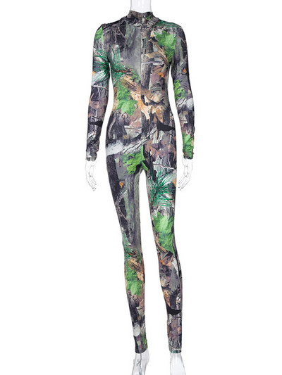 OMSJ Spring Skinny High Street Leaf Print Fashion Salopetă cu mânecă lungă Sexy antrenament Active Wear Sproty Femei Club Fermoar Salopete