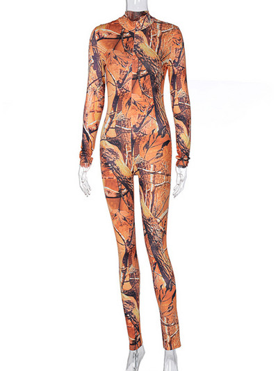 OMSJ Spring Skinny High Street Leaf Print Fashion Salopetă cu mânecă lungă Sexy antrenament Active Wear Sproty Femei Club Fermoar Salopete
