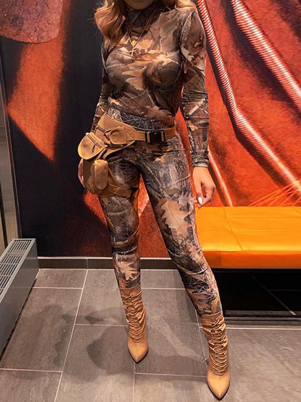 OMSJ Jarný úzky overal s potlačou listov a dlhým rukávom, sexy cvičebný športový overal, športové oblečenie, dámsky klubový overal s zipsom