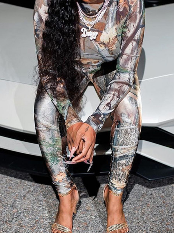 OMSJ Jarný úzky overal s potlačou listov a dlhým rukávom, sexy cvičebný športový overal, športové oblečenie, dámsky klubový overal s zipsom