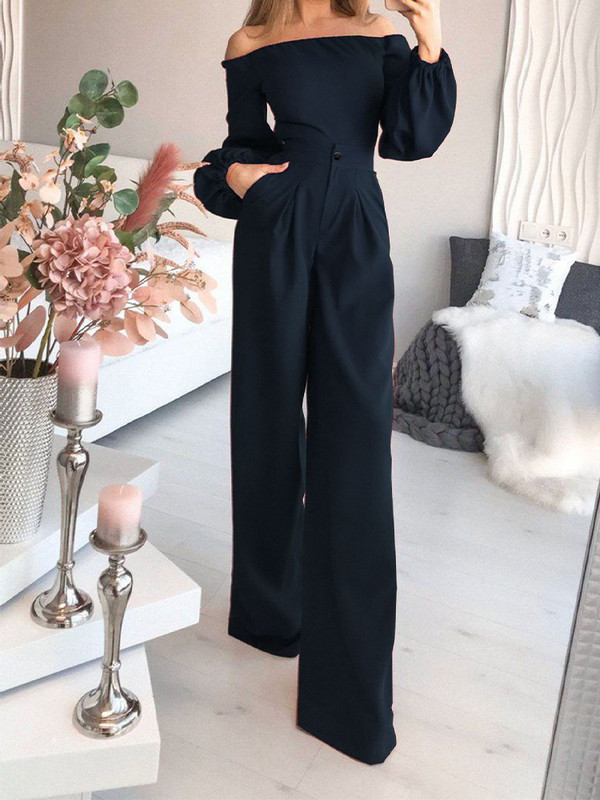 Jednobojni, elegantni jesenski novi kombinezon s visokim izrezom i visokim strukom bez leđa Trendy uredske dame Ležerne hlače s punim rukavima Ravne hlače