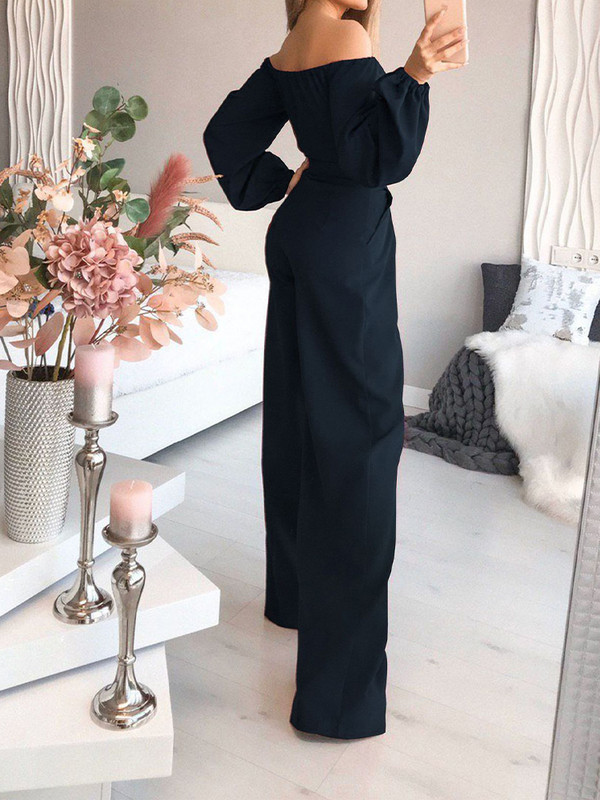 Jednobojni, elegantni jesenski novi kombinezon s visokim izrezom i visokim strukom bez leđa Trendy uredske dame Ležerne hlače s punim rukavima Ravne hlače