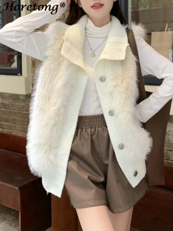 Horetong стойка яка Норково кадифено яке без ръкави Дамско есенно-зимно плетено едноредно палто 2023 Нова жилетка