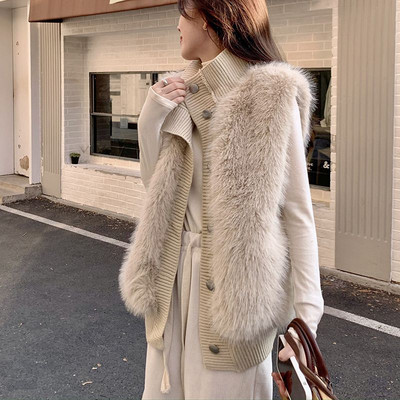 Horetong jakna bez rukava od nerca i baršuna sa samostojećim ovratnikom Ženska jesen-zima pleteni patchwork kaput s jednim kopčanjem Novi kardigan 2023.