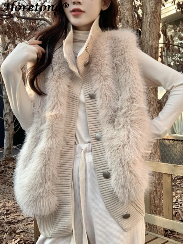 Horetong jakna bez rukava od nerca i baršuna sa samostojećim ovratnikom Ženska jesen-zima pleteni patchwork kaput s jednim kopčanjem Novi kardigan 2023.