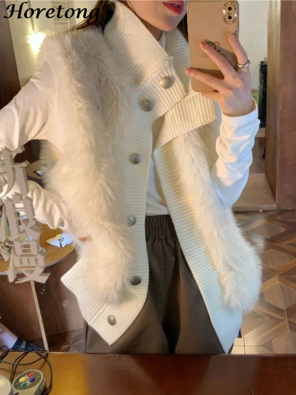Horetong jakna bez rukava od nerca i baršuna sa samostojećim ovratnikom Ženska jesen-zima pleteni patchwork kaput s jednim kopčanjem Novi kardigan 2023.