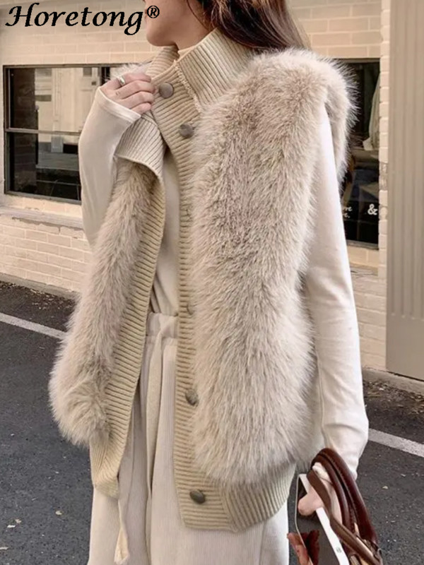 Horetong jakna bez rukava od nerca i baršuna sa samostojećim ovratnikom Ženska jesen-zima pleteni patchwork kaput s jednim kopčanjem Novi kardigan 2023.