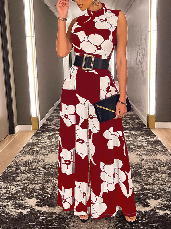 OMSJ Ljetni modni kombinezoni Ženski elegantni kombinezoni bez rukava s remenom, poluvisoki ovratnik s cvjetnim motivom, ležerne kombinezone