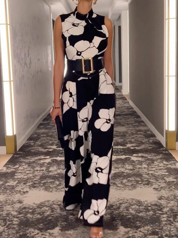 OMSJ Ljetni modni kombinezoni Ženski elegantni kombinezoni bez rukava s remenom, poluvisoki ovratnik s cvjetnim motivom, ležerne kombinezone