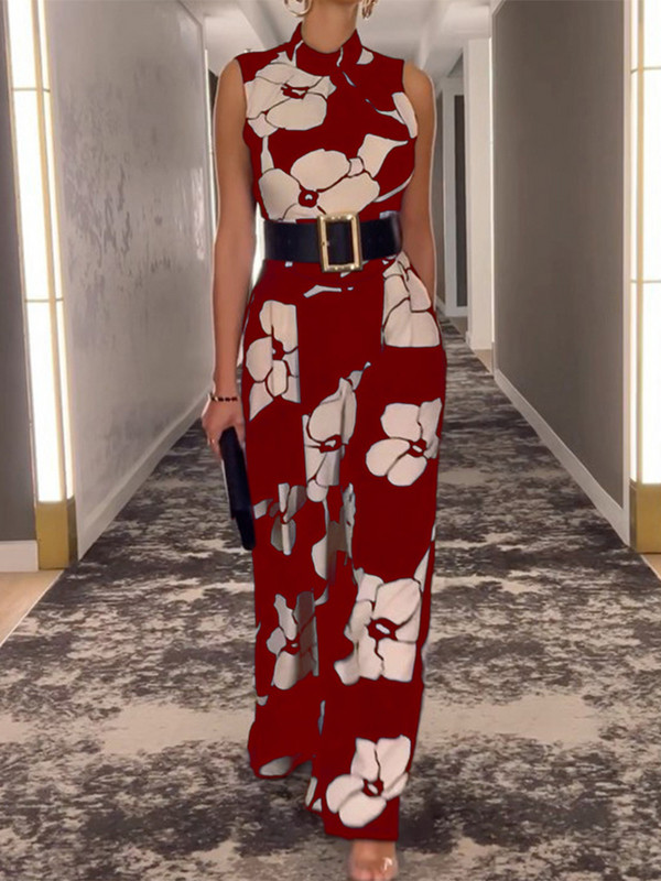 OMSJ Ljetni modni kombinezoni Ženski elegantni kombinezoni bez rukava s remenom, poluvisoki ovratnik s cvjetnim motivom, ležerne kombinezone