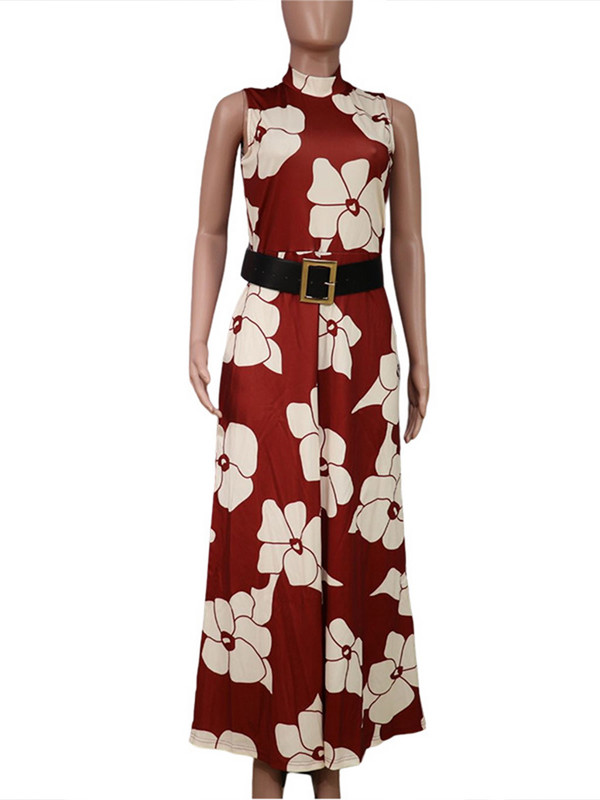 OMSJ Ljetni modni kombinezoni Ženski elegantni kombinezoni bez rukava s remenom, poluvisoki ovratnik s cvjetnim motivom, ležerne kombinezone