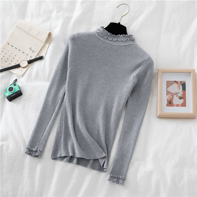 2021. aasta sügisene naiste pikkade varrukatega kilpkaelus, kootud lihtsad volangidega kampsun, naiste elastne õhukese soonikuga pullover šikk pluustopid