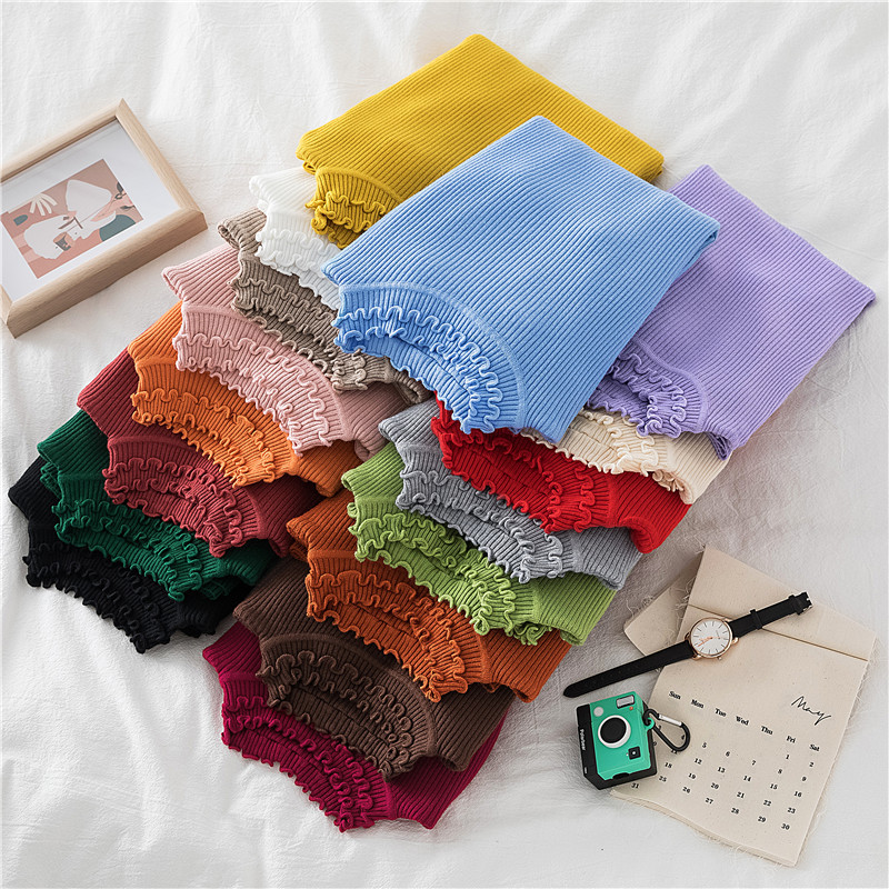 2021. aasta sügisene naiste pikkade varrukatega kilpkaelus, kootud lihtsad volangidega kampsun, naiste elastne õhukese soonikuga pullover šikk pluustopid