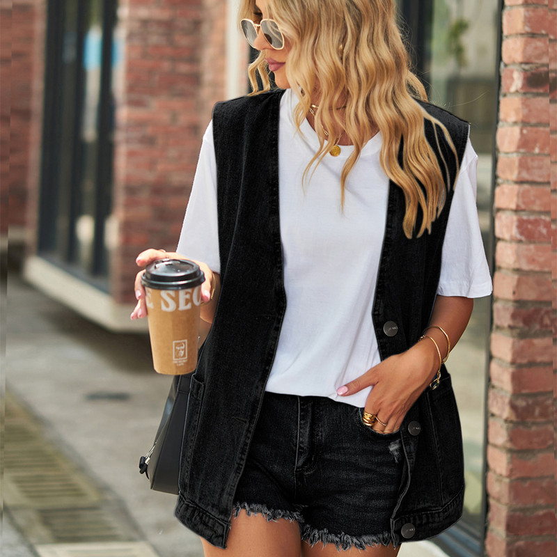 Madingi moteriški džinsiniai 2023 m. Vasaros nauji retro mėlyni marškinėliai be rankovių Vandeniu plauti džinsiniai marškiniai, neapdoroti ploni džinsiniai liemenės paltai