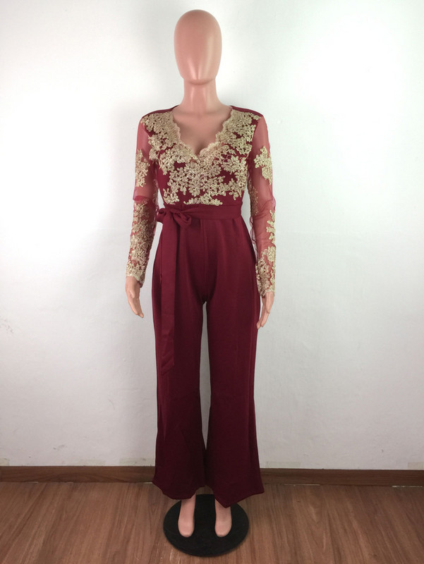 Laia säärega vabaaja kombinesoonid Seksikad naiste V-kaelusega pitsist Elegantsed sirged pidulikud kombinesoonid