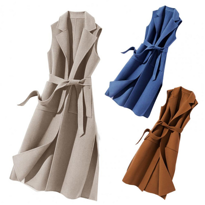 Moteriška rudeninė liemenė atviro dygsnio diržo terminė įpjova apykaklė Moteriška liemenė žieminis paltas pasimatymams