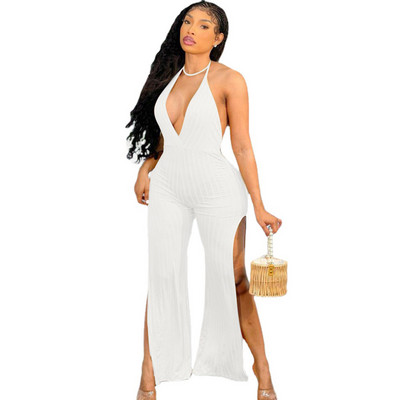 Casaul Ženski kombinezon s dubokim V-izrezom, duge široke hlače s halterima, jednobojna ulična odjeća bez leđa, ljetna odjeća za žene