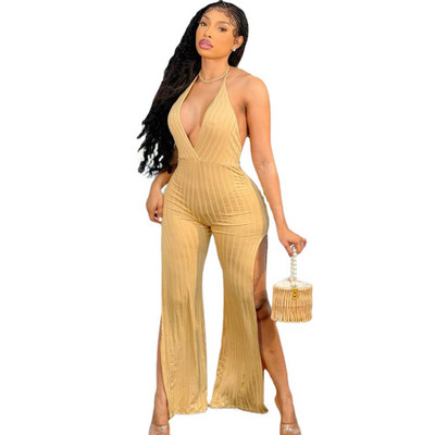 Casaul Ženski kombinezon s dubokim V-izrezom, duge široke hlače s halterima, jednobojna ulična odjeća bez leđa, ljetna odjeća za žene