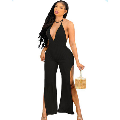 Casaul Ženski kombinezon s dubokim V-izrezom, duge široke hlače s halterima, jednobojna ulična odjeća bez leđa, ljetna odjeća za žene