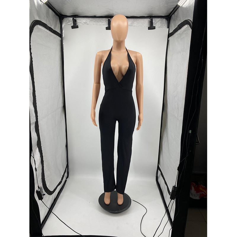 Casaul Ženski kombinezon s dubokim V-izrezom, duge široke hlače s halterima, jednobojna ulična odjeća bez leđa, ljetna odjeća za žene