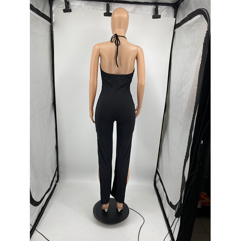 Casaul Ženski kombinezon s dubokim V-izrezom, duge široke hlače s halterima, jednobojna ulična odjeća bez leđa, ljetna odjeća za žene